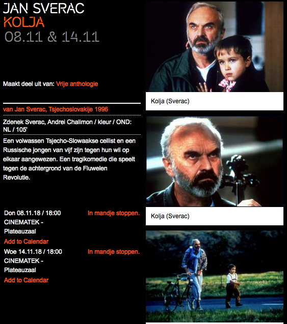 Page Internet. Cinematek. Kolja van Jan Sverac, Tsjechoslovakije 1996. 2018-11-08